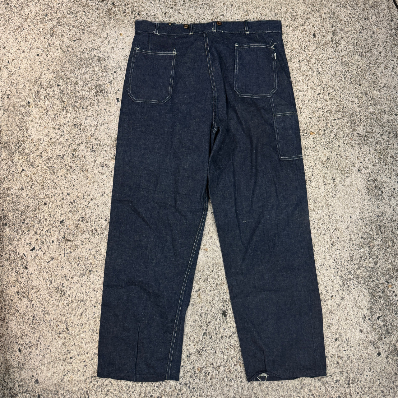 1930s 1940s WW2 Era Selvedge Laurel Leaf Button Denim Dungaree Work Pants