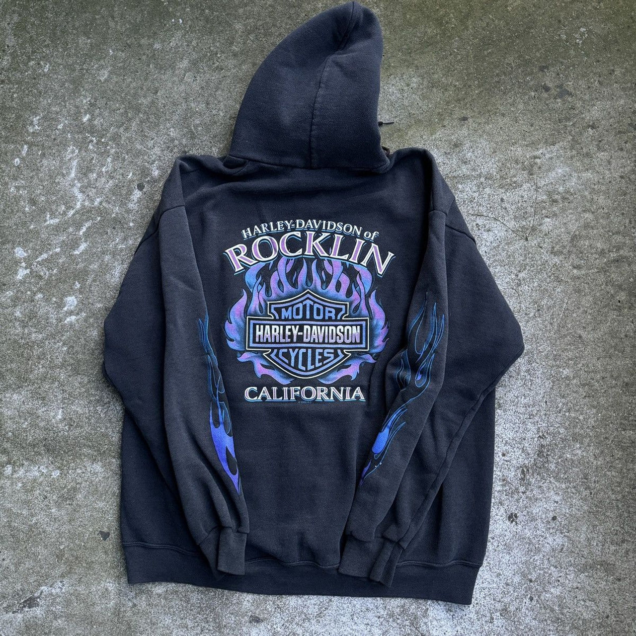 Sudadera con capucha y cremallera Harley-Davidson de los años 2000 con llamas azules de California descoloridas