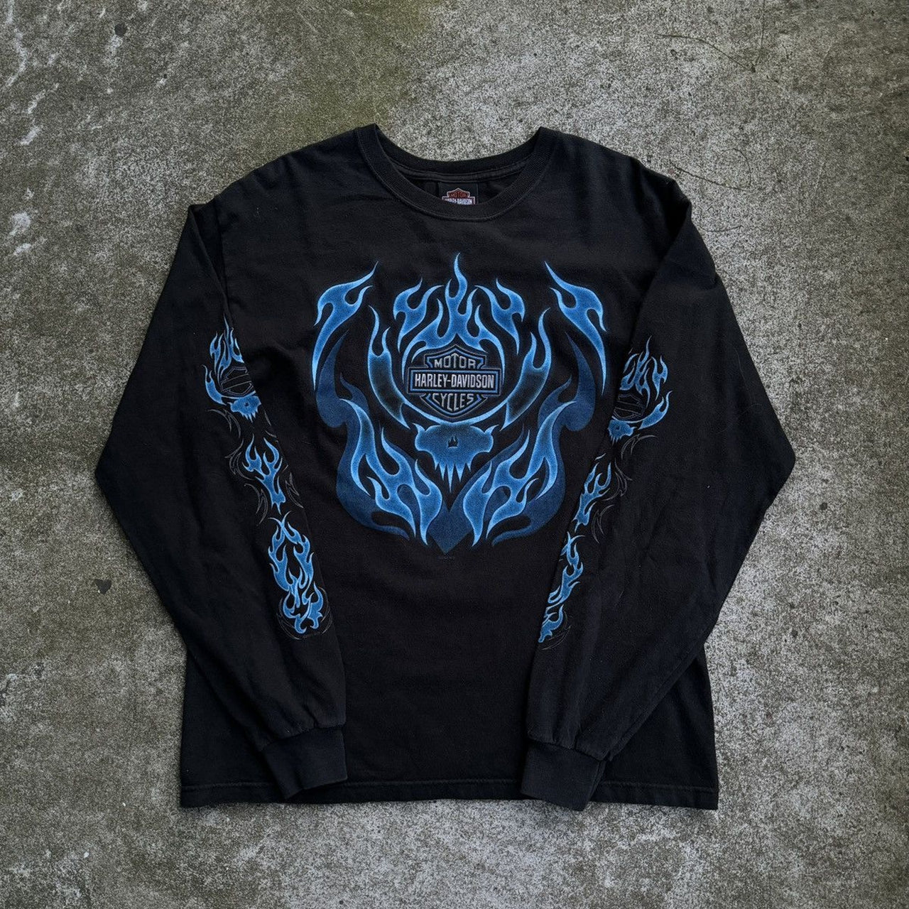 CAMISETA DE MANGA LARGA HARLEY DAVIDSON CON CALAVERA AZUL Y LLAMAS DE LA DÉCADA DE 2000, VIRGINIA BEACH