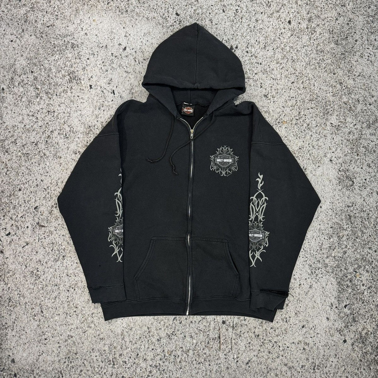 2000s Harley Davidson Faded Metal Tribal Flame Zip Up Hoodie