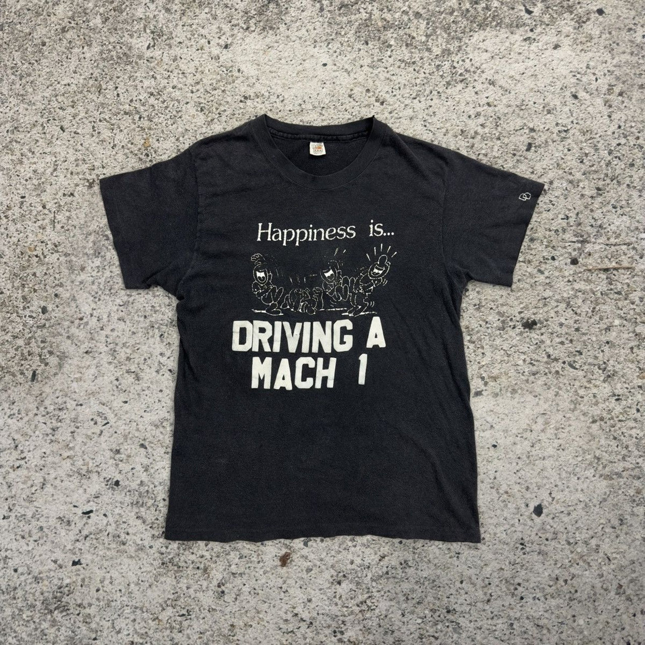 1970s Faded Happiness Is Driving A Mach 1 Flock Print Tee