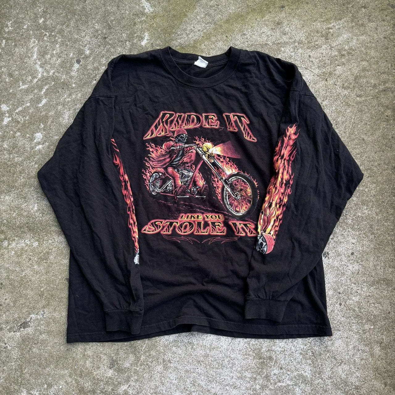 Camiseta de manga larga con llamas de motorista esqueleto de los años 2000