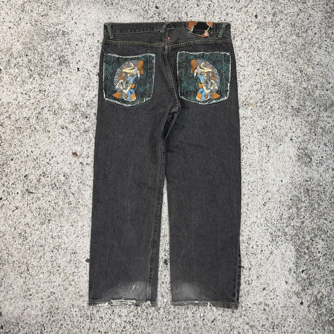 2000s Y2K Skater Embroidered Koi Fish Samurai Denim Jeans