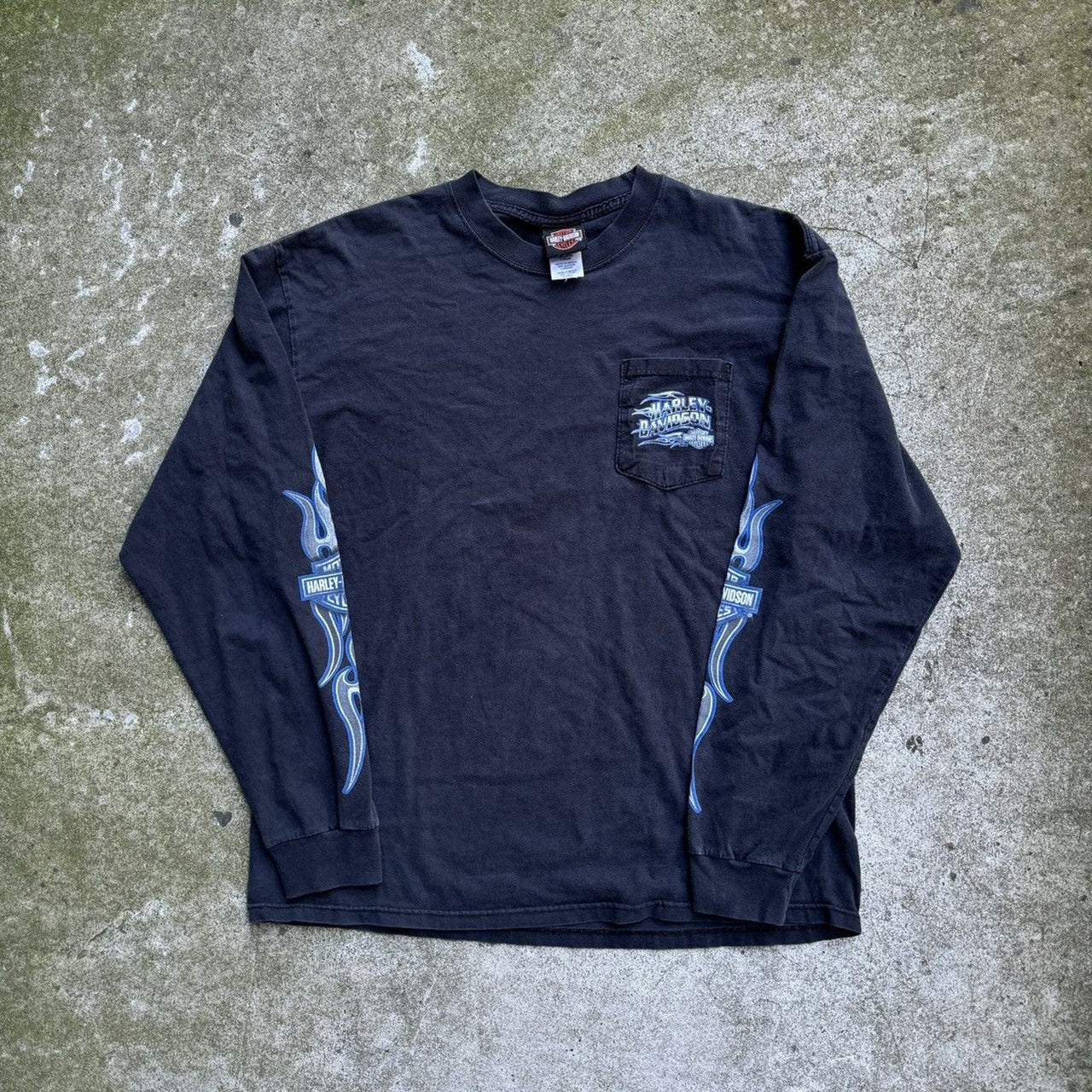 2000年代 ハーレーダビッドソン フェイデッドブルー フレイム ロングスリーブTシャツ