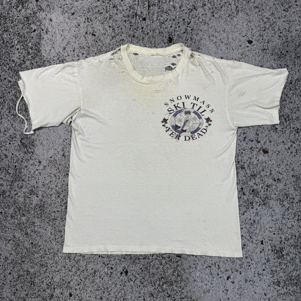 1990年代のスラッシュド・グレイトフル・デッド スノーマス・スキー・ティル・ヤー・デッドTシャツ