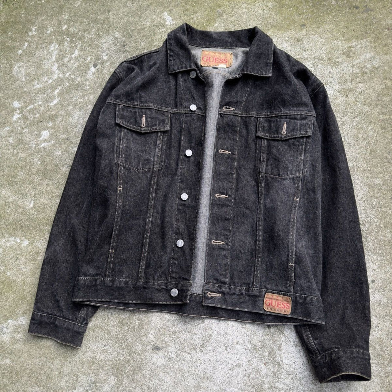1990 Guess Faded Washed Black Denim Trucker Jacket