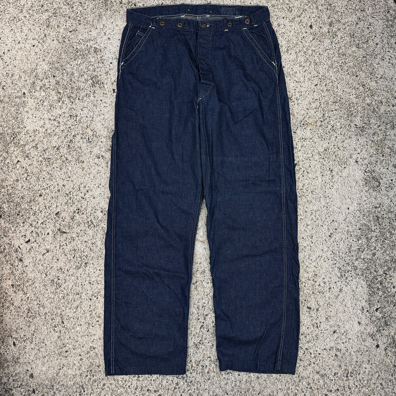 1930s 1940s WW2 Era Selvedge Laurel Leaf Button Denim Dungaree Work Pants
