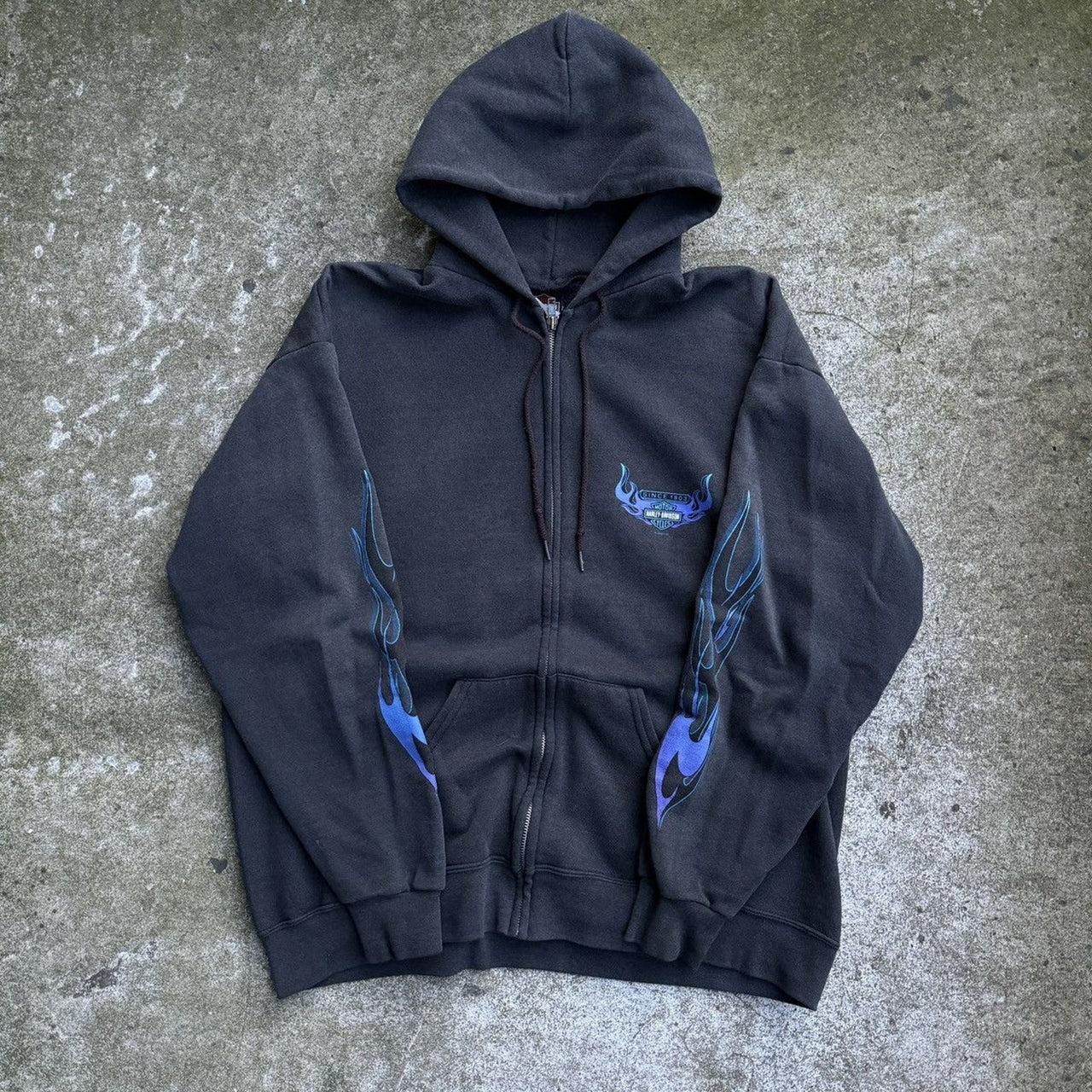 Sudadera con capucha y cremallera Harley-Davidson de los años 2000 con llamas azules de California descoloridas
