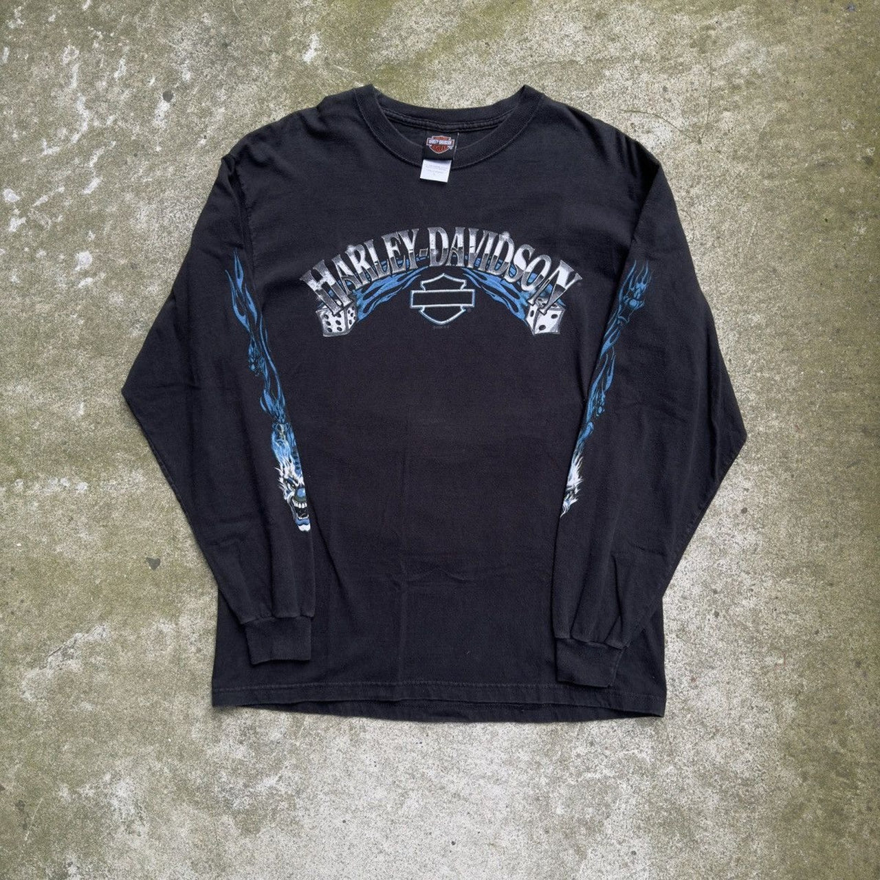 CAMISETA DE MANGA LARGA HARLEY DAVIDSON DICE CLOWN DE LOS AÑOS 2000 CON LLAMA AZUL