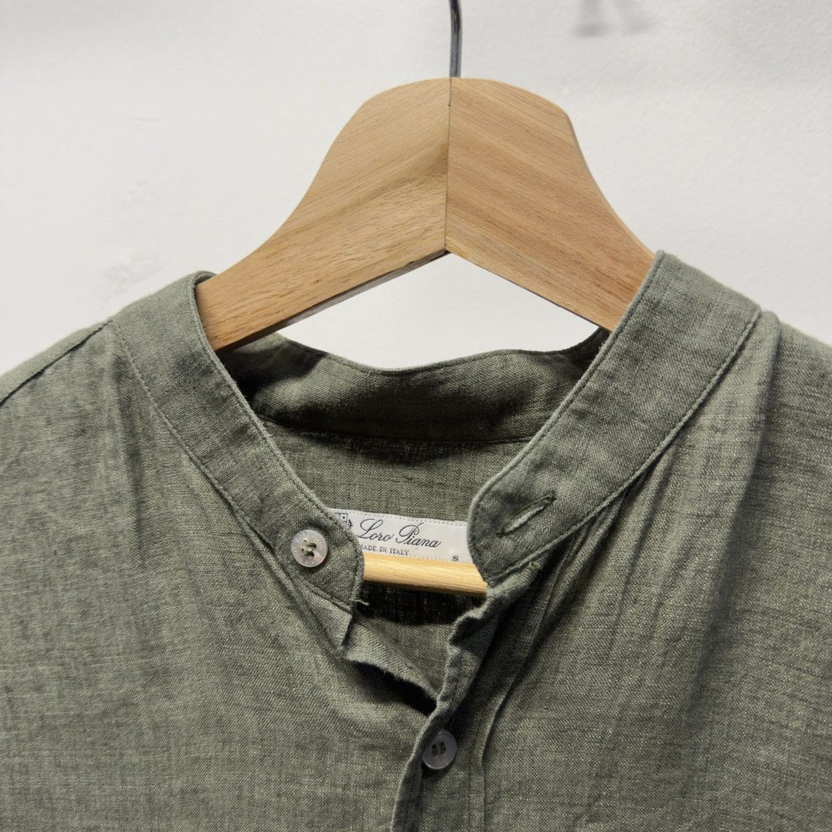 Loro Piana Dusty Olive Linen Band Collar Elia Shirt