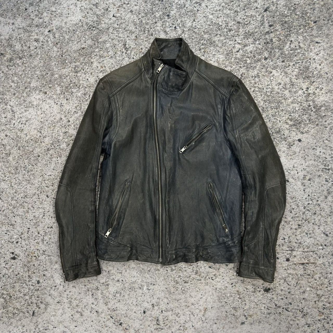 Aged Leather Double Zip Asymmetric Racer Custom Jacket