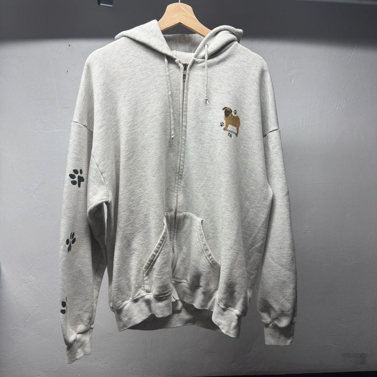 1990s Faded Distressed Pug Dog Zip Up Hoodie