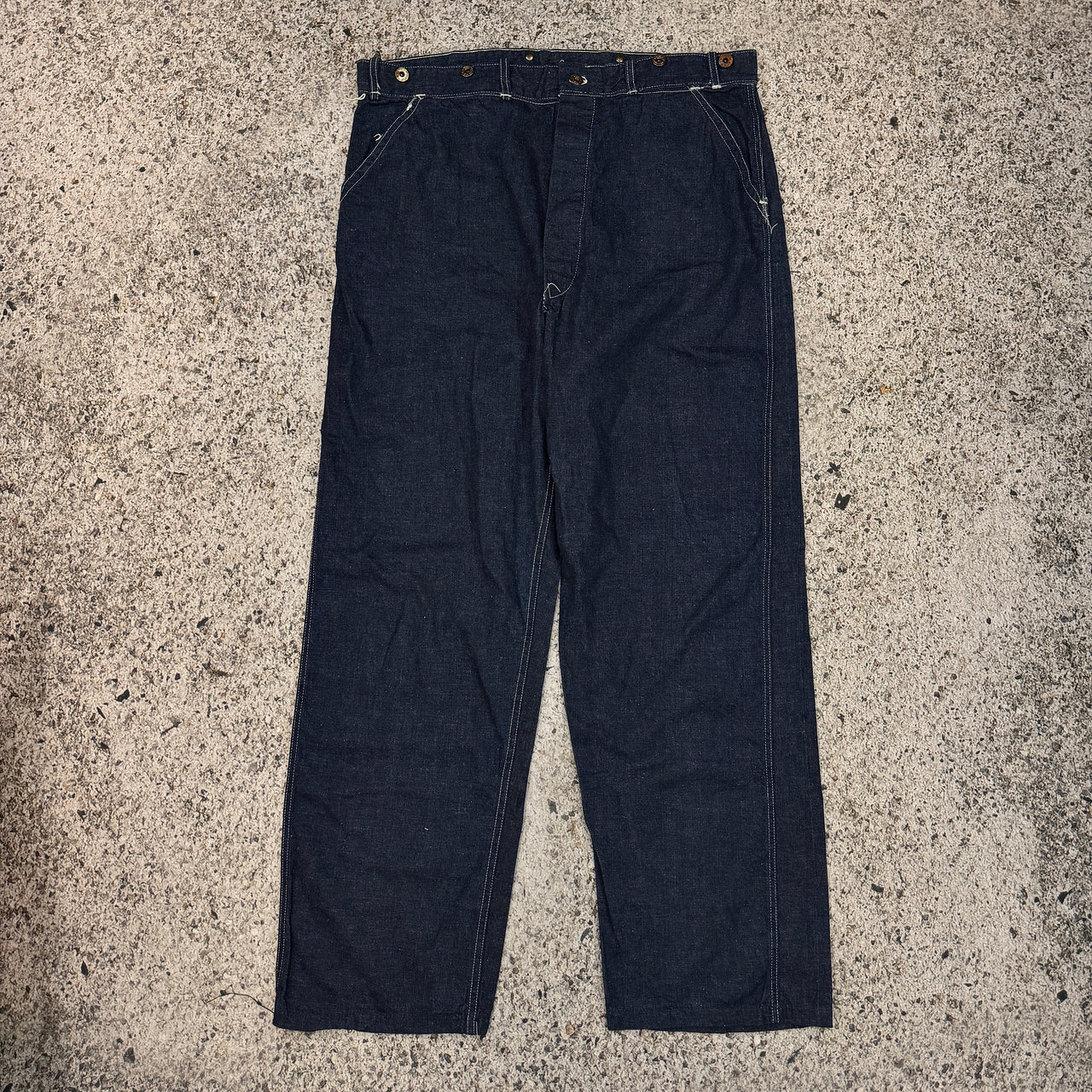 1930s 1940s WW2 Era Selvedge Laurel Leaf Button Denim Dungaree Work Pants
