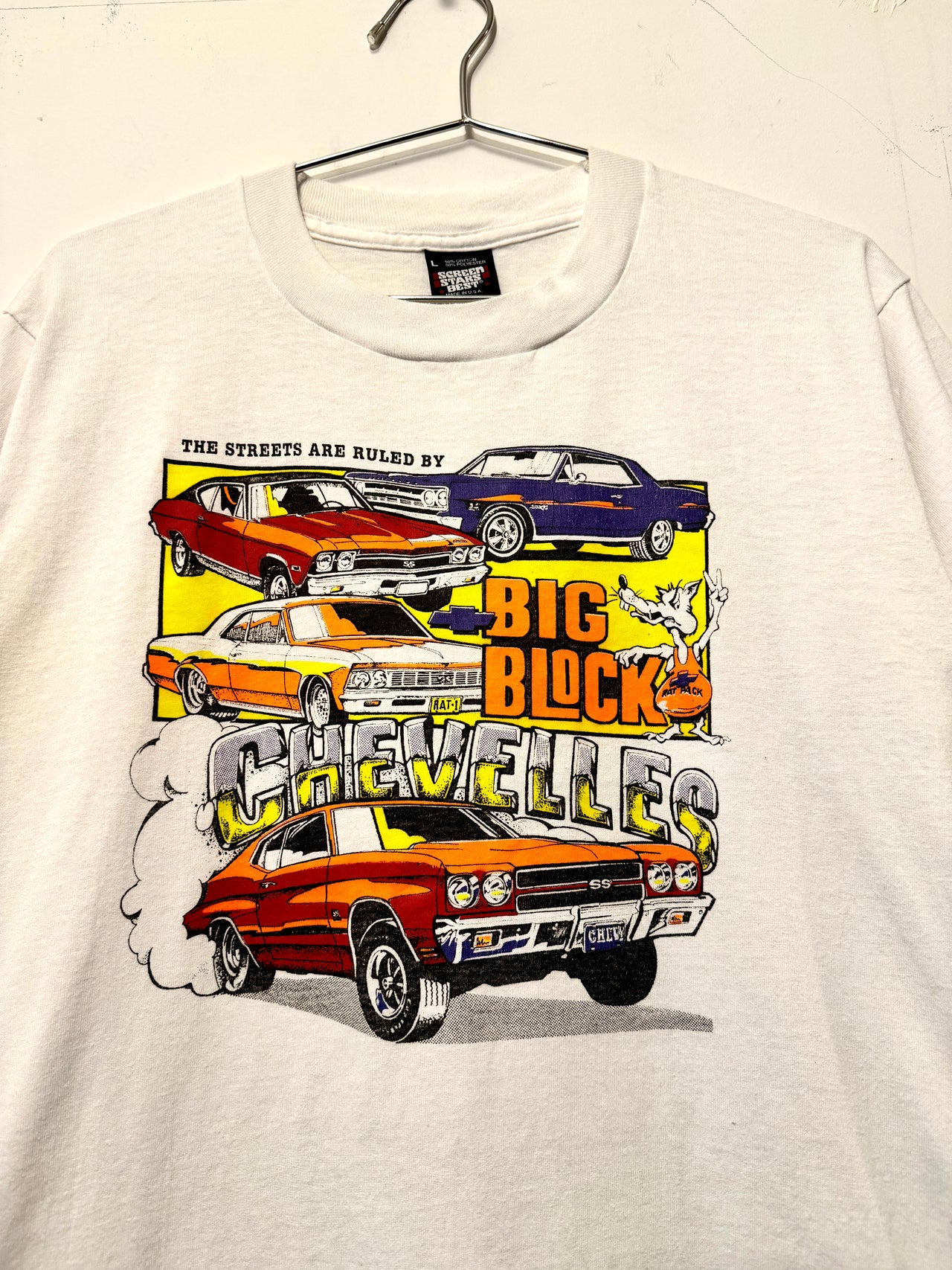 CAMISETA CHEVY CHEVELLES DE BLOQUE GRANDE DE LA DÉCADA DE 1980 CON RATA DE PACK
