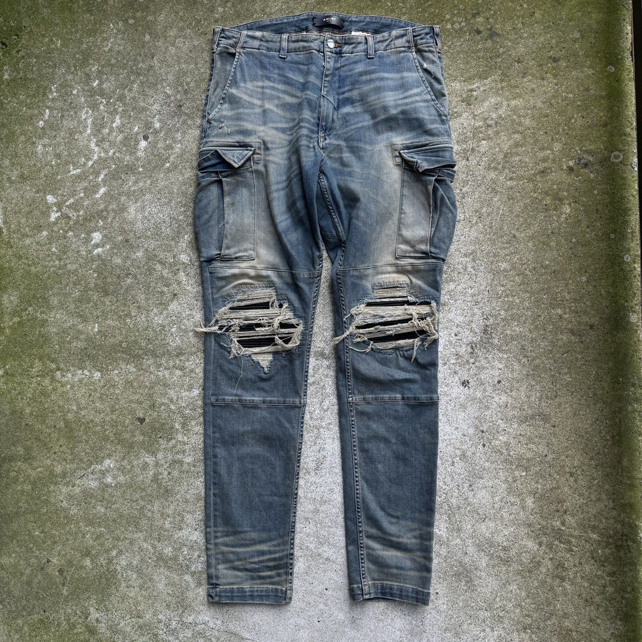 Amiri MX1 Mud Cargo Denim Leather Patch Distressed Jeans