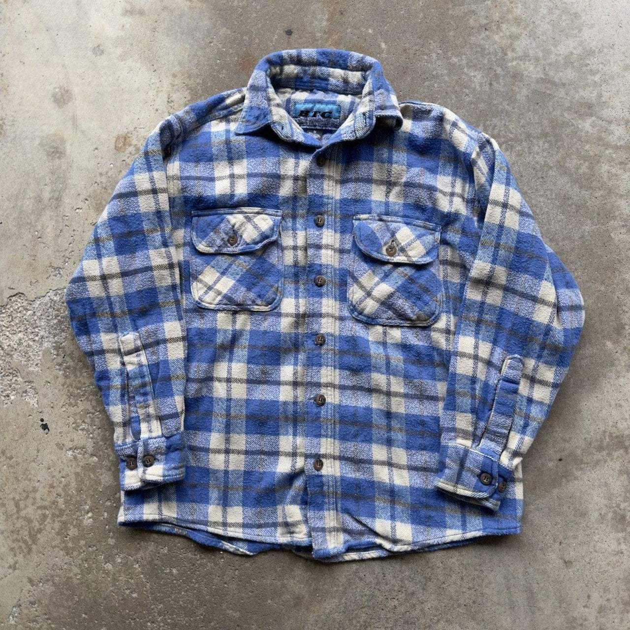 Camisa de franela de lana a cuadros azul Y2K con botones, década de 1990/2000