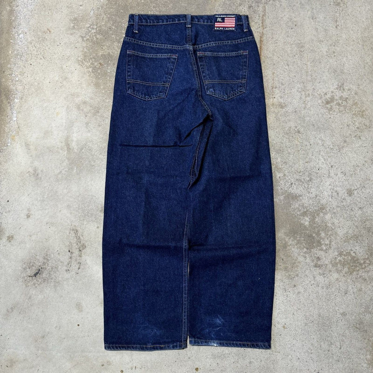 JEANS POLO RALPH LAUREN DE 2000, HOLANDA, DE PIERNA ANCHA Y HONDURA DE DENIM CON BANNER