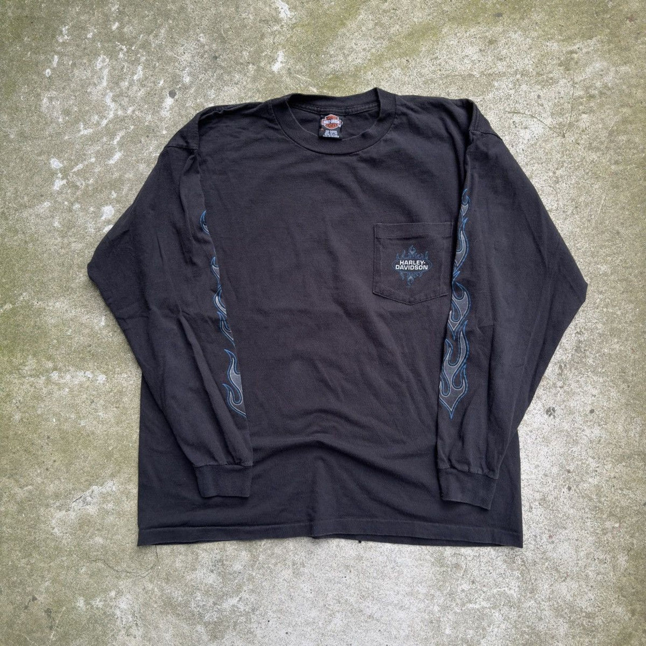 Harley Davidson Faded Blue Flame Pocket Manga Larga, década de 2000