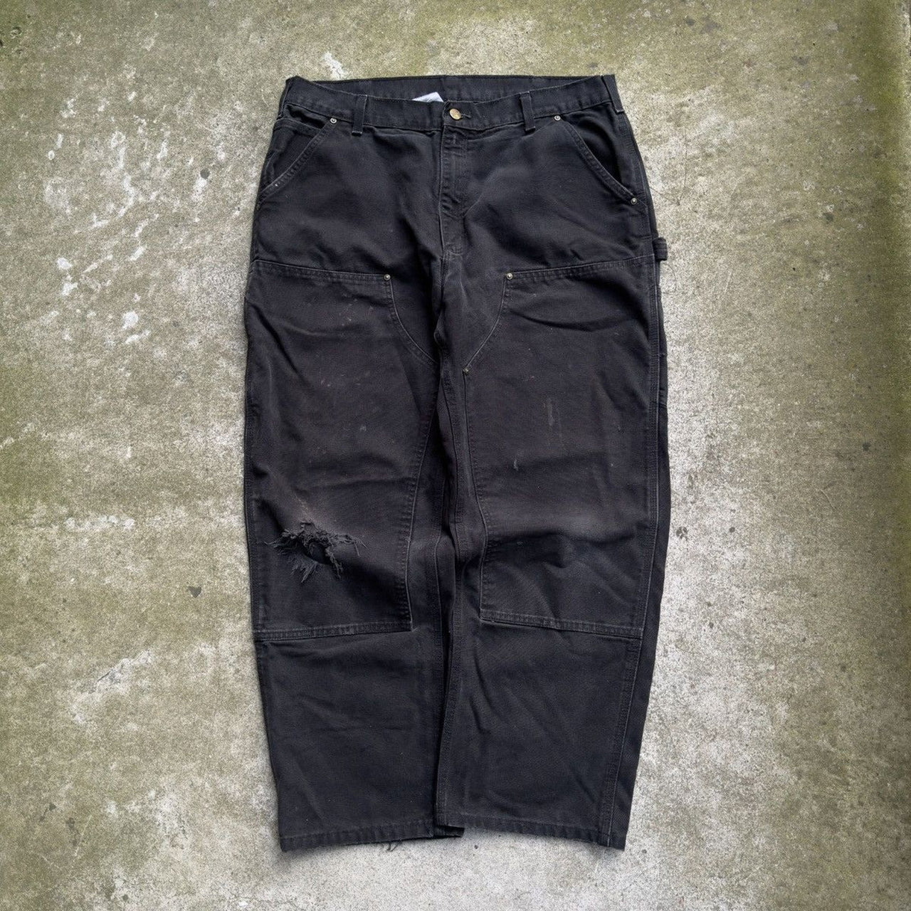 Pantalones Carhartt Thrashed negros descoloridos con doble rodilla, años 2000