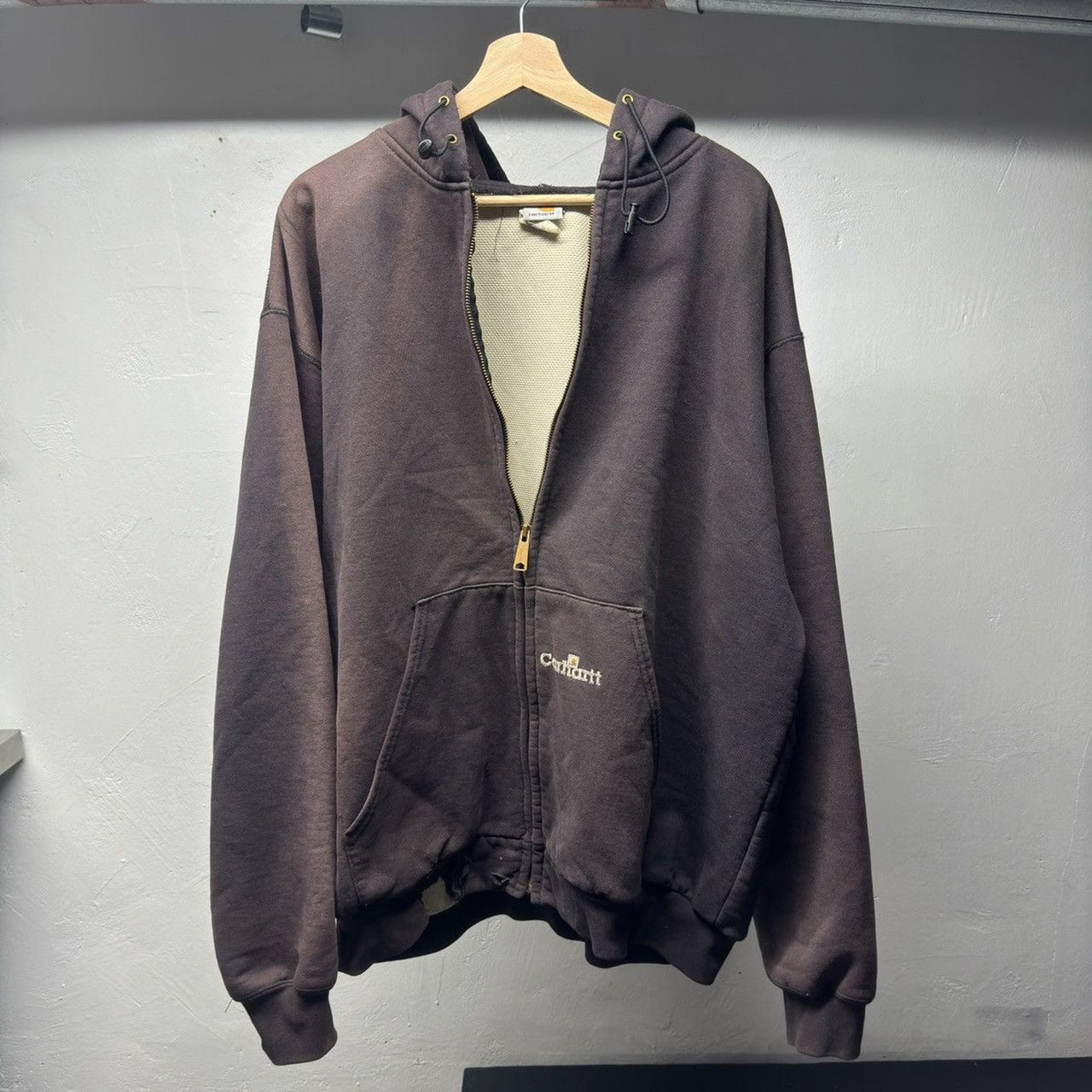 1990s Carhartt Thrashed Faded Distressed Thermal Lined Zip Up Hoodie