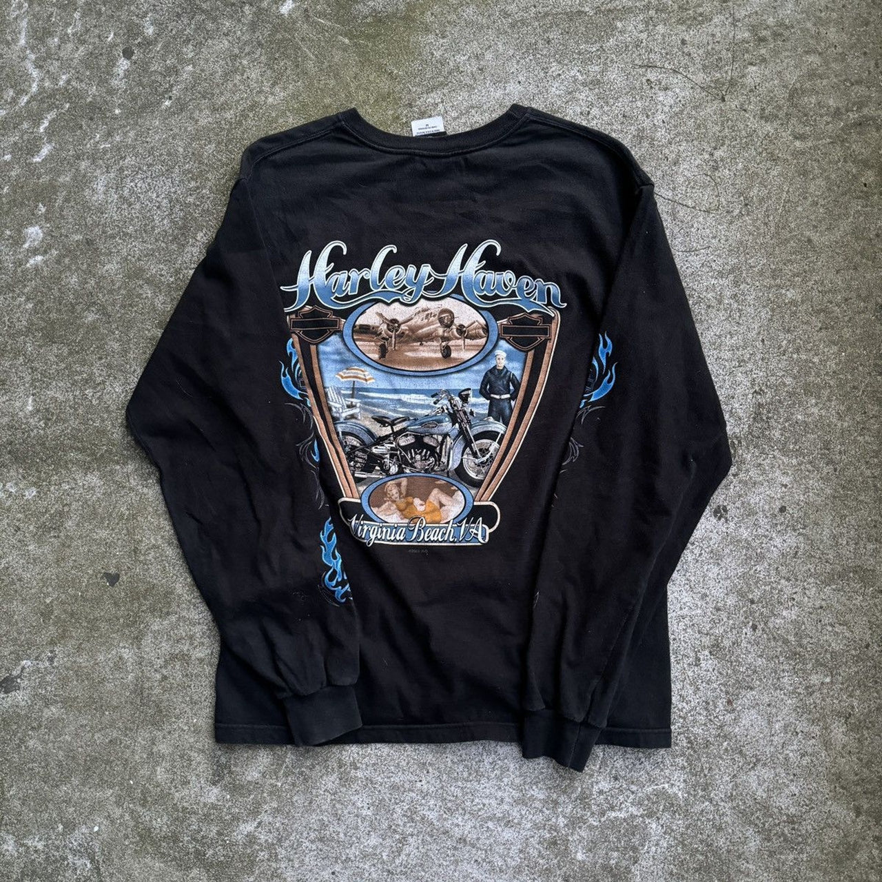 CAMISETA DE MANGA LARGA HARLEY DAVIDSON CON CALAVERA AZUL Y LLAMAS DE LA DÉCADA DE 2000, VIRGINIA BEACH