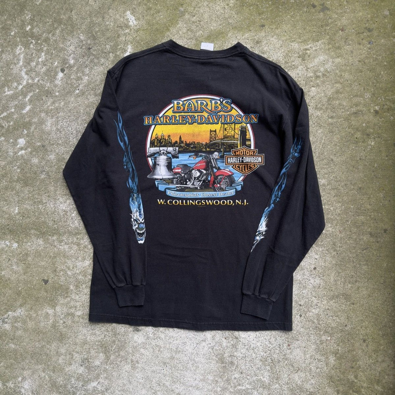 CAMISETA DE MANGA LARGA HARLEY DAVIDSON DICE CLOWN DE LOS AÑOS 2000 CON LLAMA AZUL