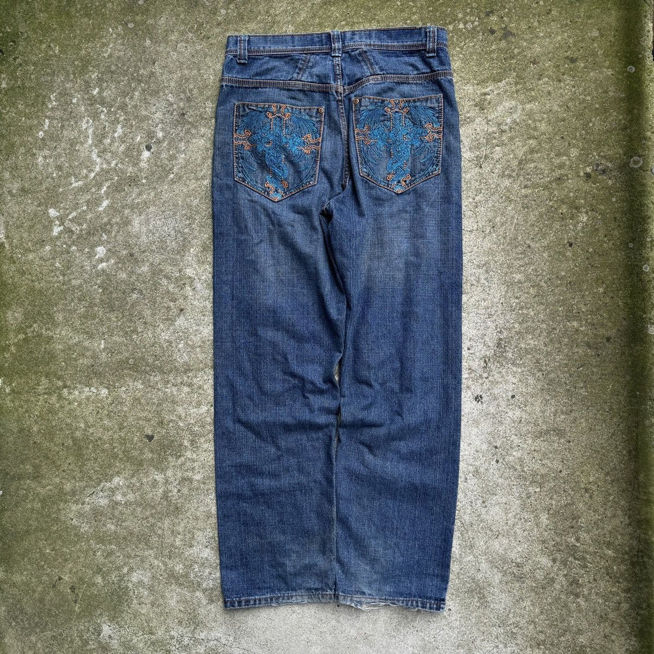 2000s Y2K Embroidered Dragon Cross Flame Jeans