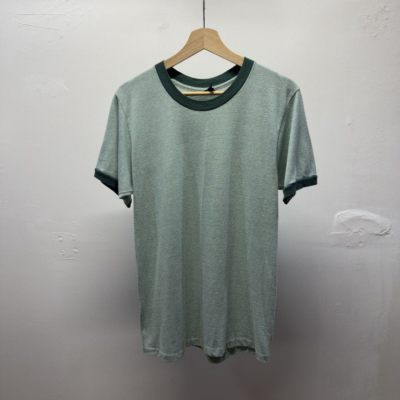 Vintage 1970s Made in USA Paper Thin Soft Heather Green Ringer Tee