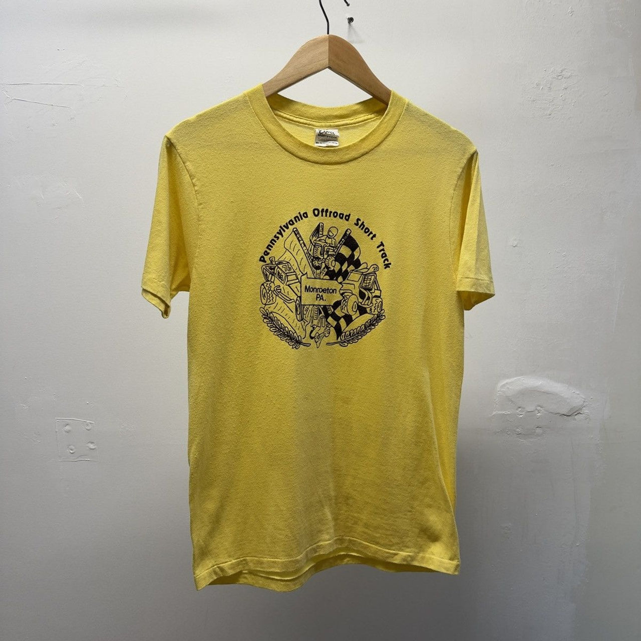 Vintage 1980s Faded Pale Yellow Short Track Racing Tee