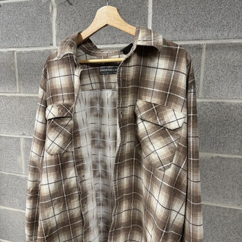 1990s Faded Brown Plaid Grunge Flannel Shirt