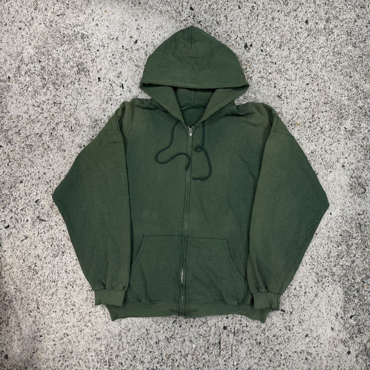 1990s OVERSIZED SUN FADED THRASHED GREEN MADE IN USA ZIP UP HOODIE