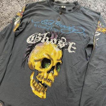 2000s Ed Hardy Faded Ghost Skull Rhinestone Henley Shirt