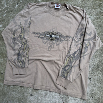 2000S HARLEY DAVIDSON TAN FLAME LOGO LONGSLEEVE TEE