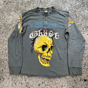 2000s Ed Hardy Faded Ghost Skull Rhinestone Henley Shirt