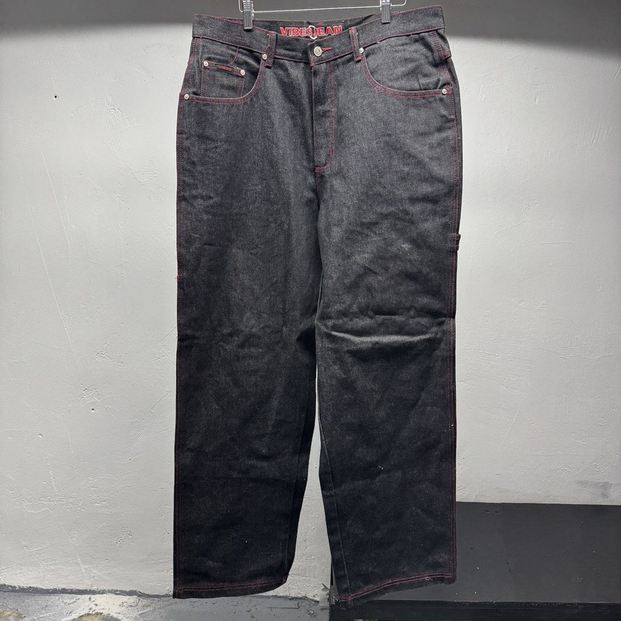 1990s Y2K Black Raw Denim Baggy Wide Leg Skater Jeans