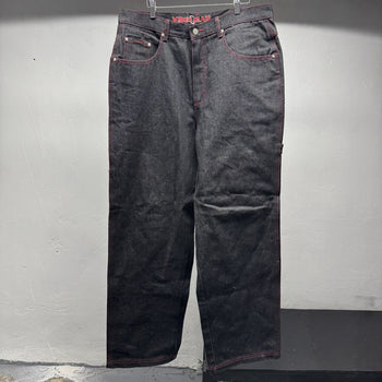 1990s Y2K Black Raw Denim Baggy Wide Leg Skater Jeans