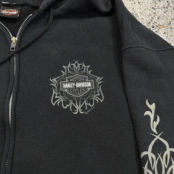 2000s Harley Davidson Faded Metal Tribal Flame Zip Up Hoodie