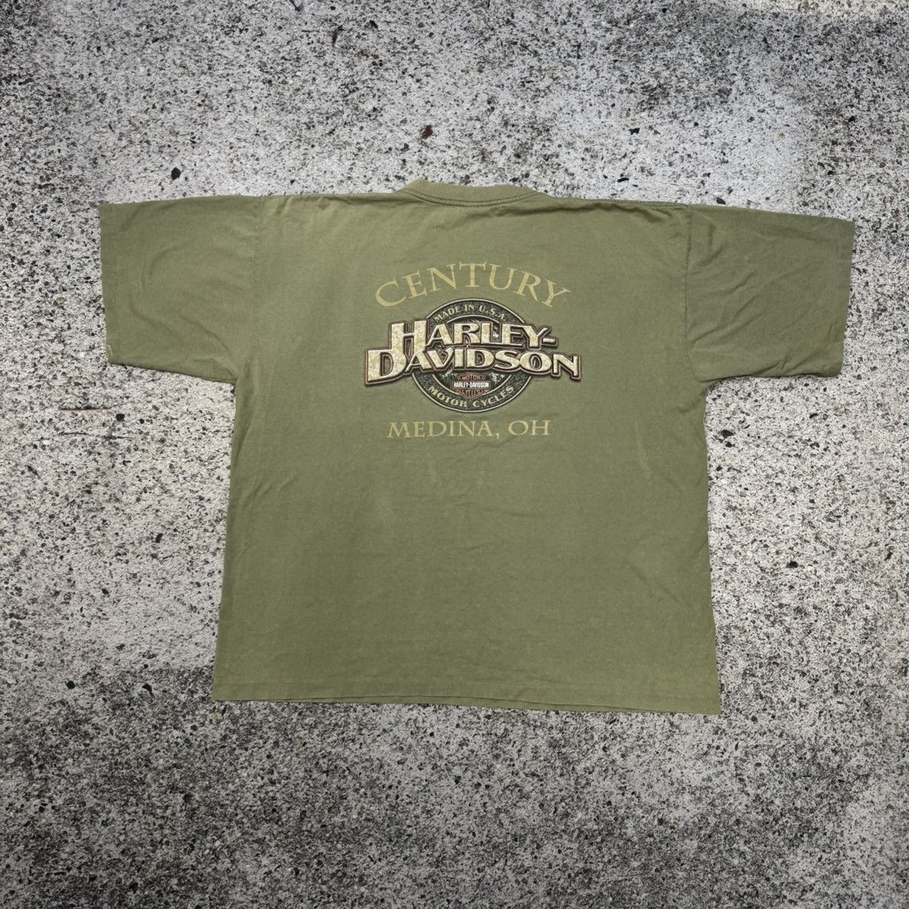 1990年代のハーレーダビッドソン スラッシュド フェードグリーンTシャツ