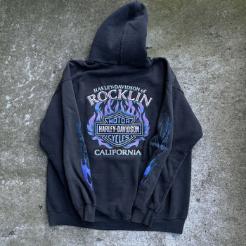 2000S HARLEY DAVIDSON FADED CALIFORNIA BLUE FLAME ZIP UP HOODIE