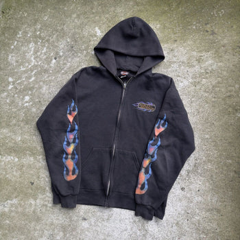 1990s HARLEY DAVIDSON FADED BLUE ORANGE FLAMES ZIP UP HOODIE