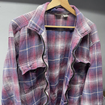 1990s Faded Distressed Plaid Grunge Zip Flannel Shirt