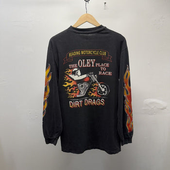 Vintage 1990s Faded Dirt Drags Flame Longsleeve Biker Tee