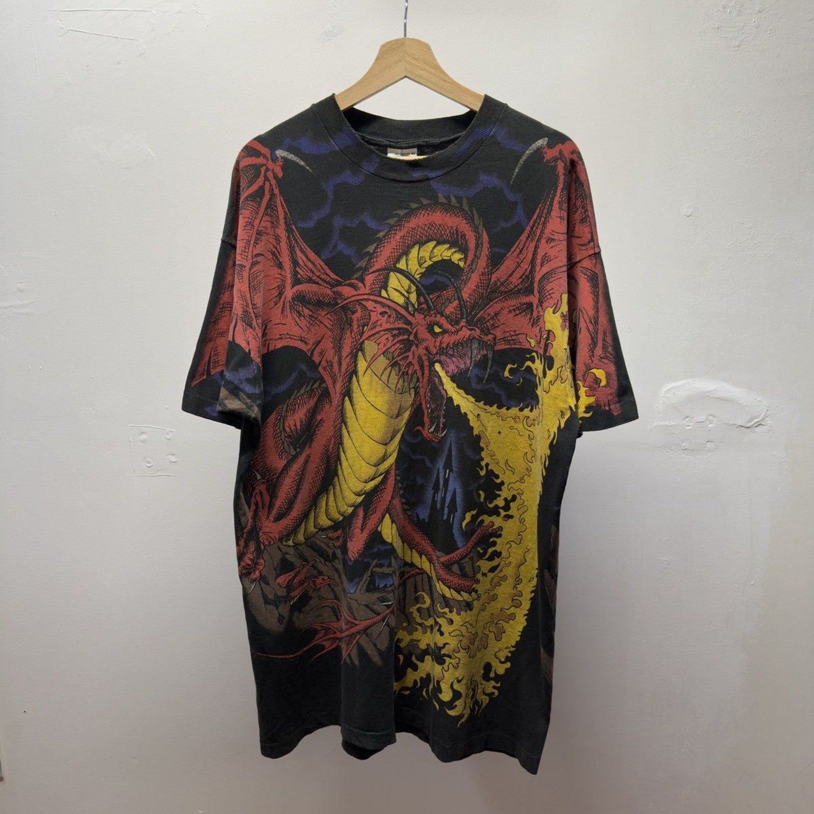Vintage 1990s Liquid Blue Dragon Faded Distressed All Over Print Tee