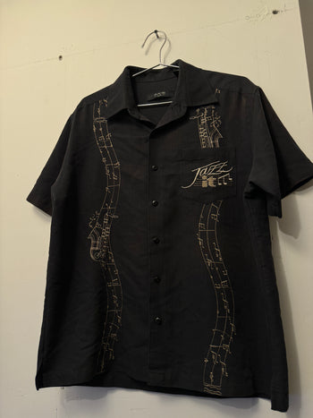 2000s JAZZ EMBROIDERED MUSIC NOTES CAMP COLLAR SHIRT