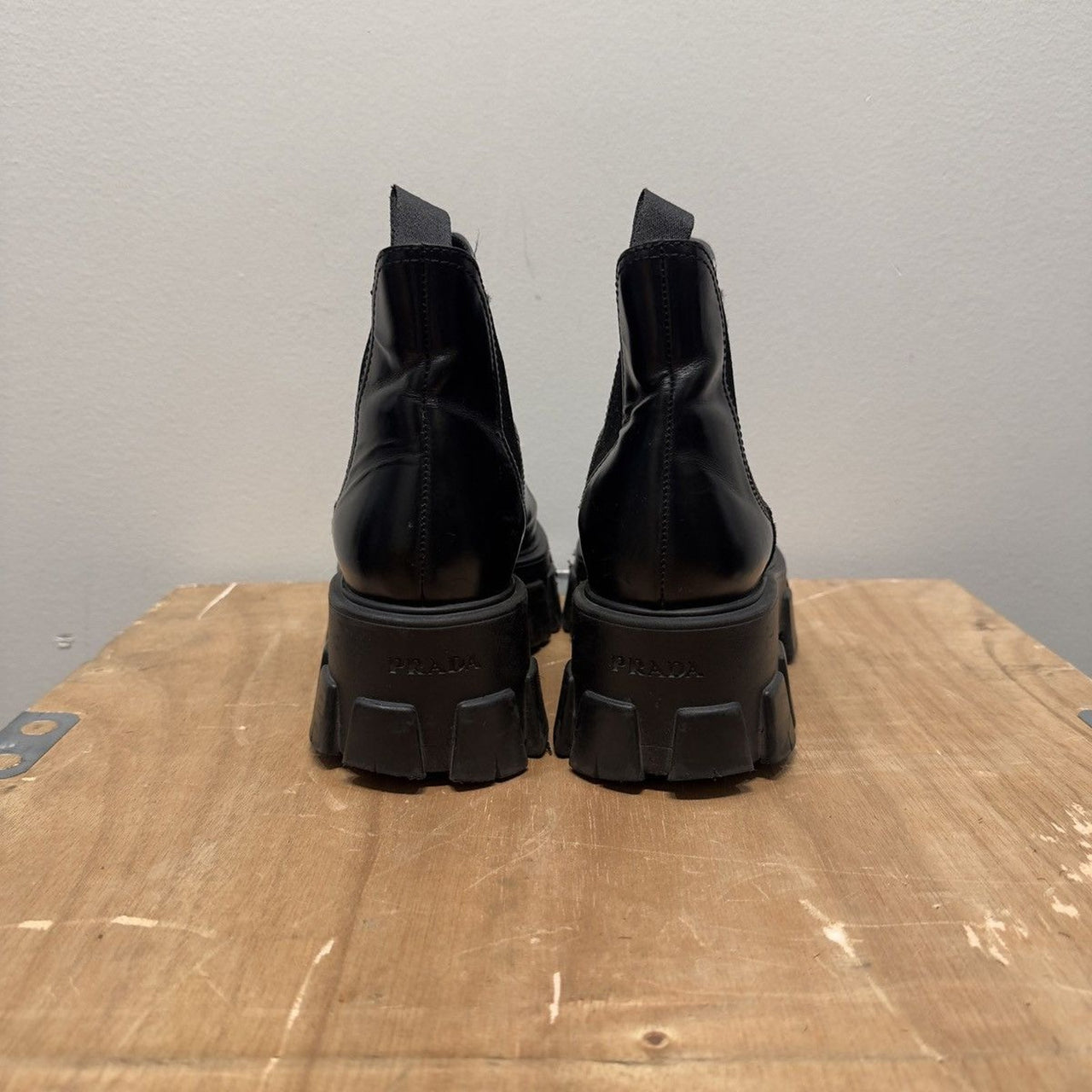 Prada Monolith Brushed Leather Lug Platform Chelsea Boots