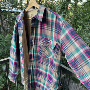1990s Distressed Quilted Lined Plaid Flannel Shirt Jacket