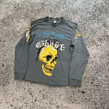 2000s Ed Hardy Faded Ghost Skull Rhinestone Henley Shirt
