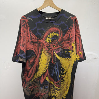 Vintage 1990s Liquid Blue Dragon Faded Distressed All Over Print Tee