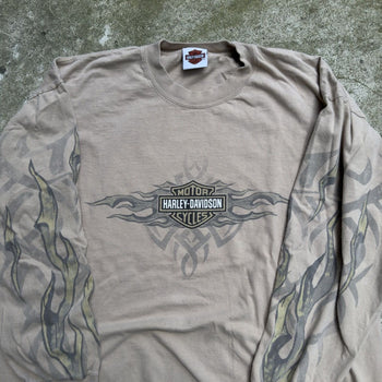 2000S HARLEY DAVIDSON TAN FLAME LOGO LONGSLEEVE TEE