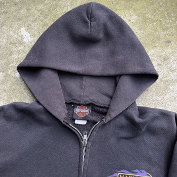 1990s HARLEY DAVIDSON FADED BLUE ORANGE FLAMES ZIP UP HOODIE